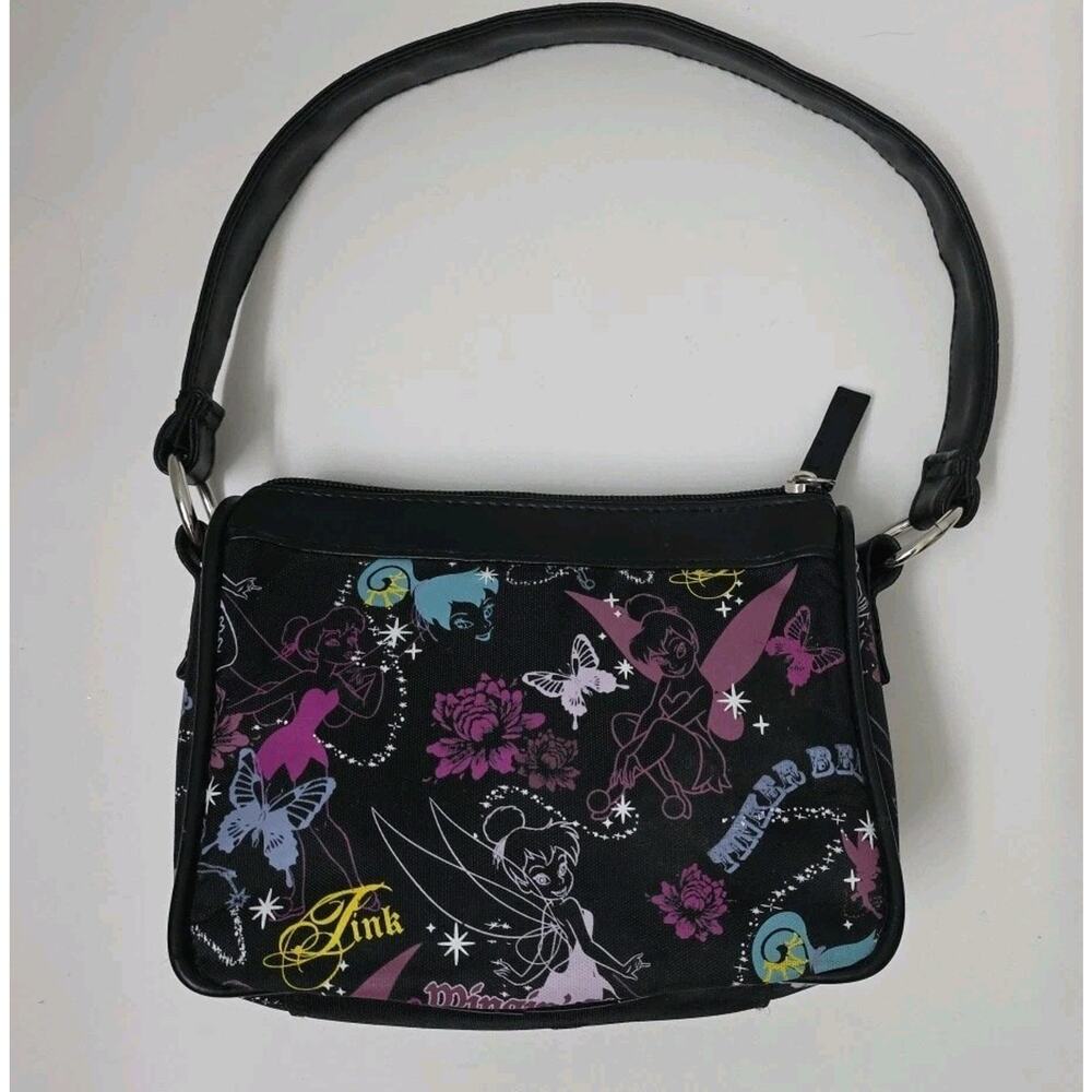 Y2K Vintage Disney Tinker Bell “Tink” Fairy Print Black Small Shoulder Bag Purse - Picture 7 of 12